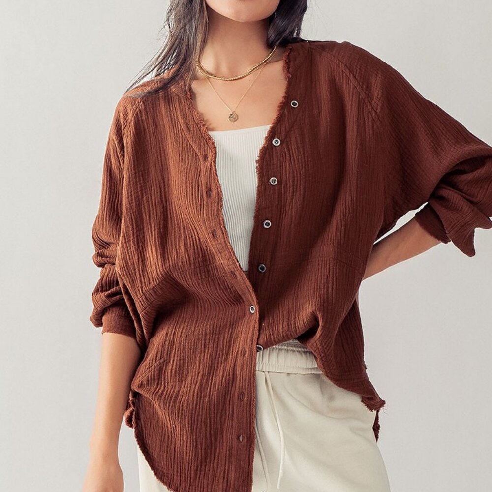 Trend: Notes New Premium Soft Frayed Hem Gauze Vintage Washed Shirt in N…